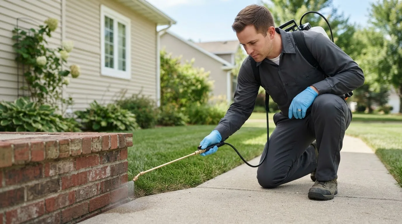 Pest control technician treating a home near Cloquet, MN